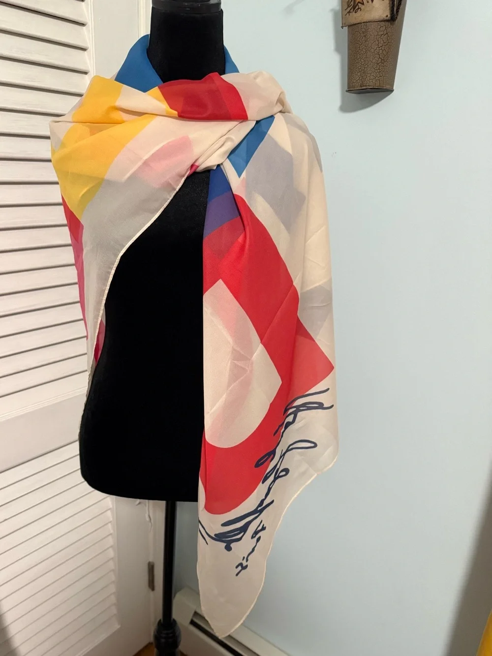 Karl Lagerfeld Cream Scarf with Red and Blue Accents and Karl Signature!